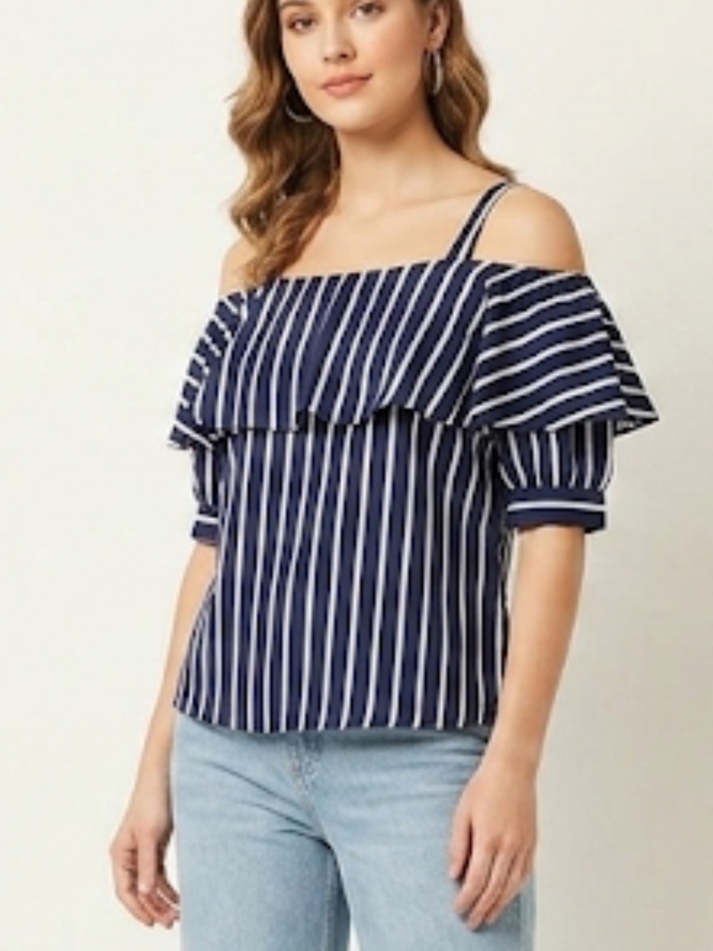 Navy Stripe Off-Shoulder Women's Blouse